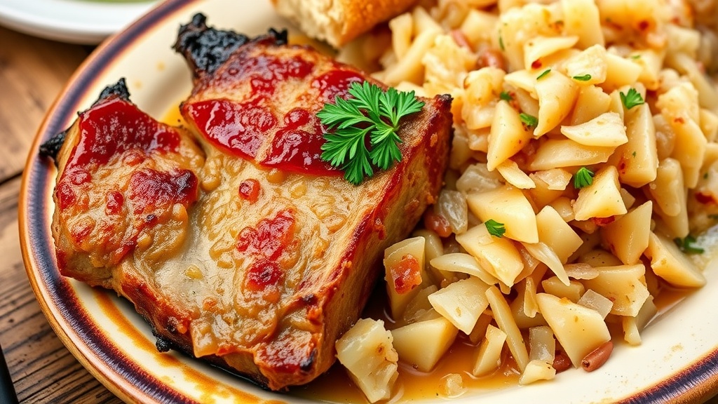 Savory Pork with Sauerkraut Recipe A comforting serving of pork with sauerkraut, garnished with parsley on a wooden table, accompanied by mashed potatoes.